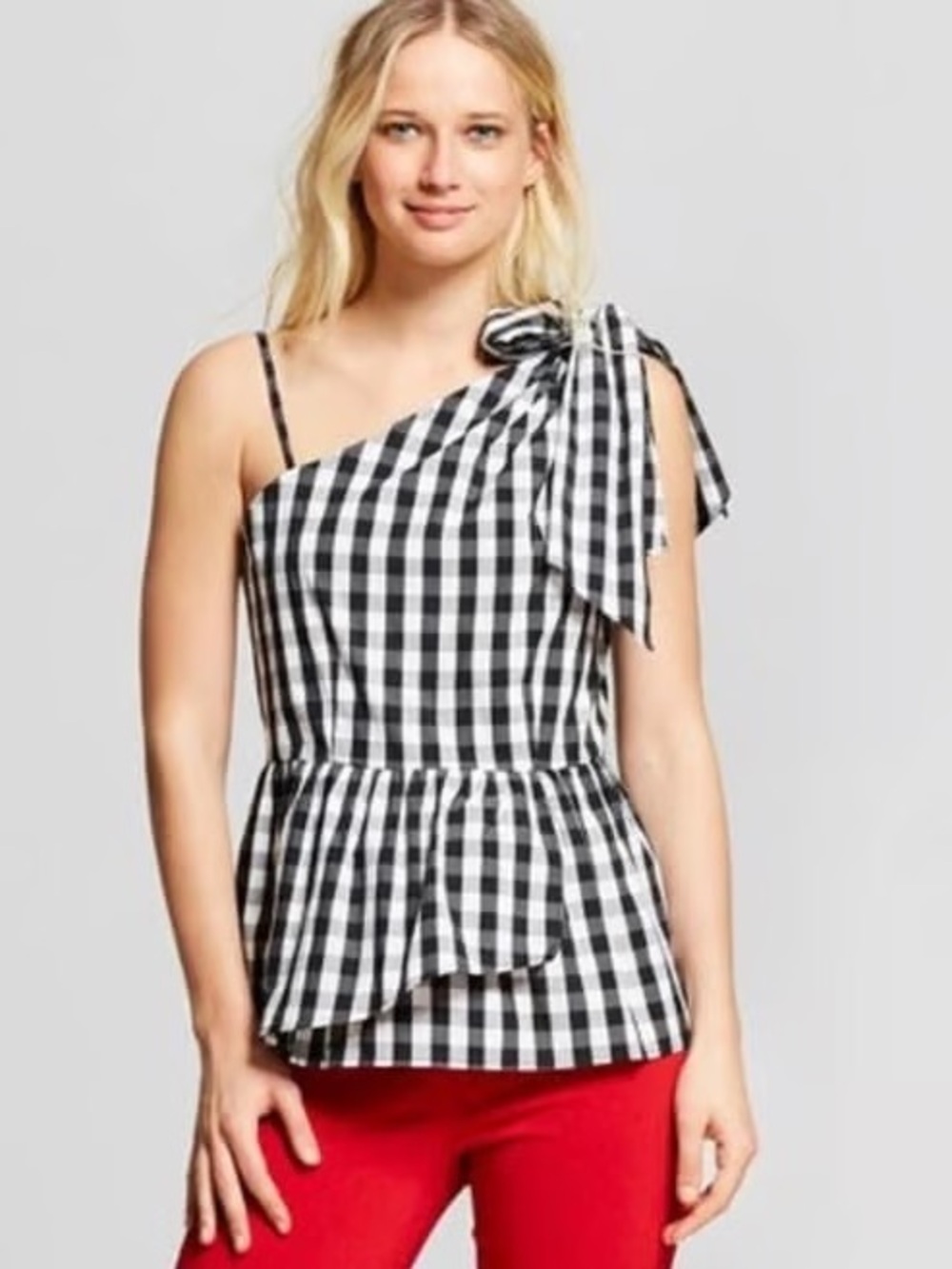 WHO WHAT WEAR One Shoulder Black White Gingham Peplum Blouse Size S